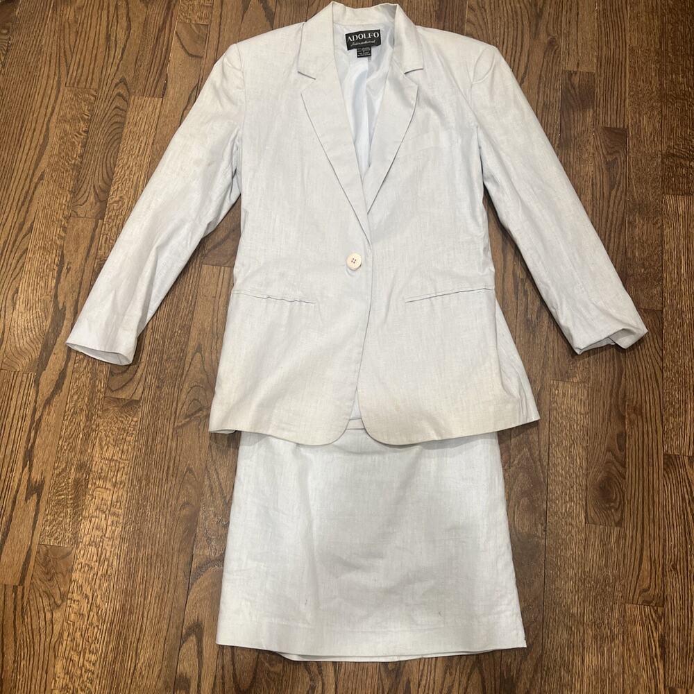 Vintage Adolfo International Linen/cotton Skirt Suit Pale Blue Sz4